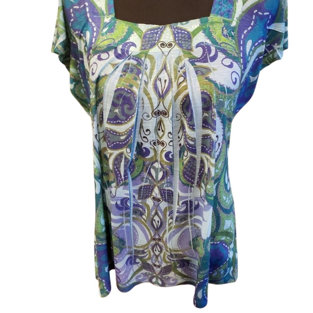 Apt. 9 Petite Large Paisley Pleated‎ Square Neck Short Sleeve Top Blue Green